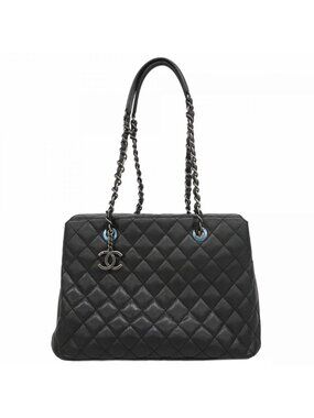 Chanel Chain Tote Quilted Caviar Leather Black Silver